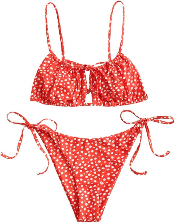 ZAFUL Women's Tie Cutout Keyhole Cami String Bikini Set Two Piece Swimsuit | Amazon (US)
