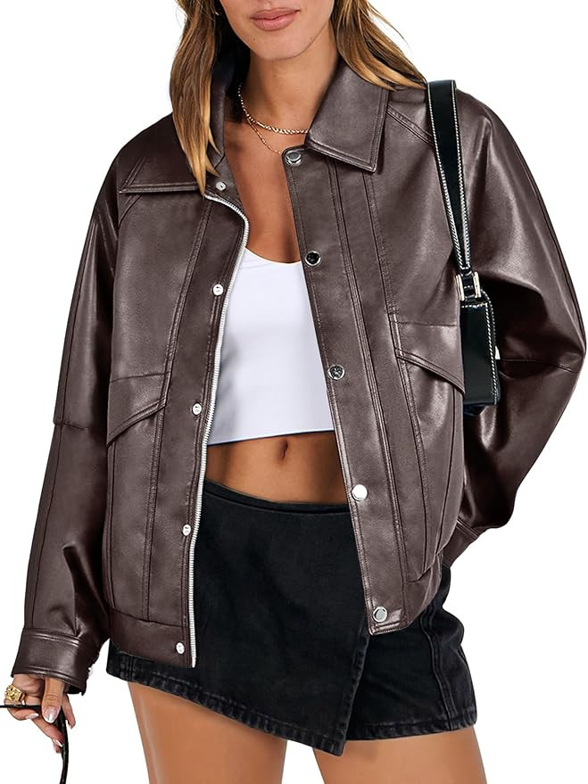 ANRABESS Women Faux Leather Jacket Long Sleeve Button Down Zip Up Motorcycle Biker Coat Fall Outf... | Amazon (US)