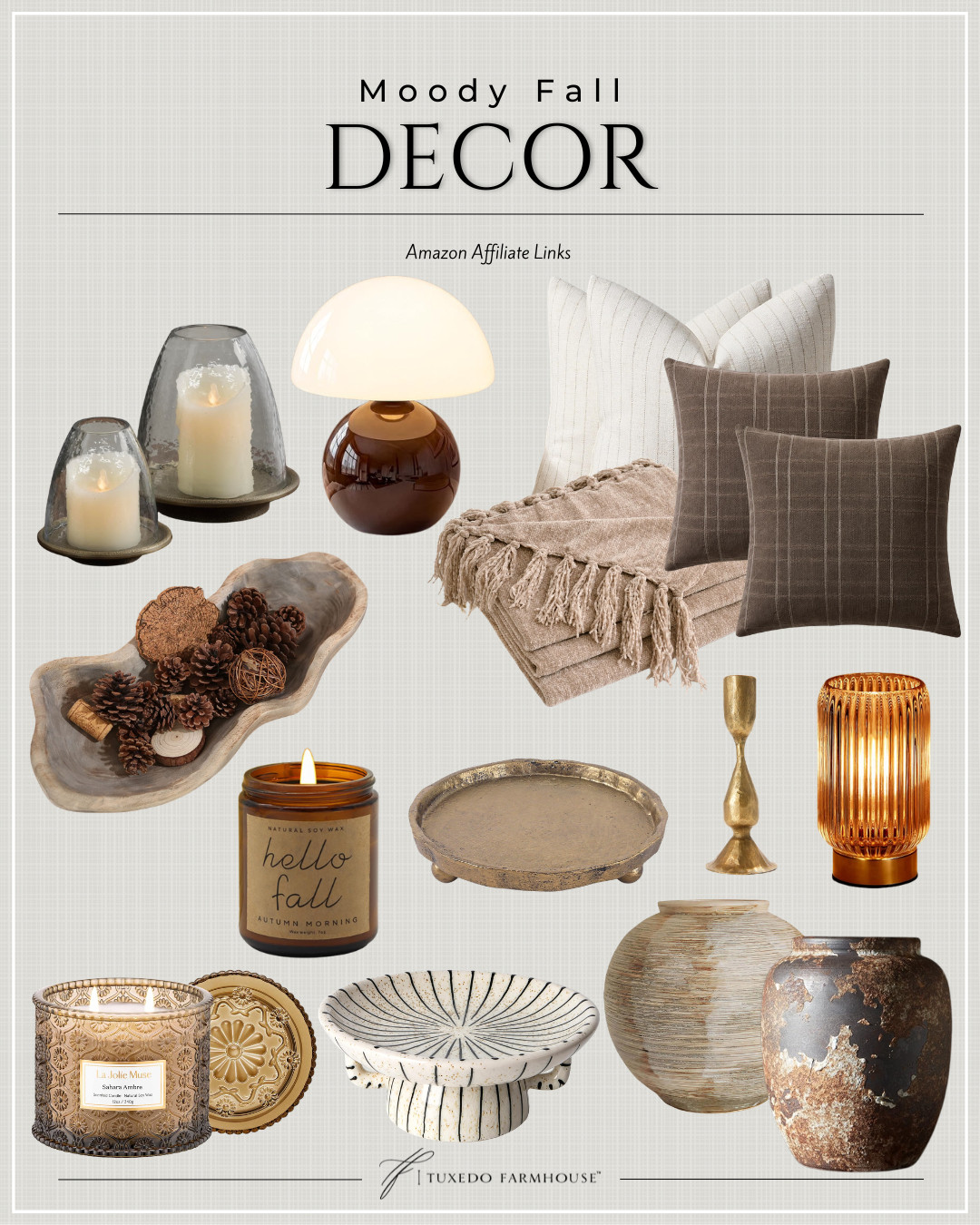 Moody fall decor is calling your name! 🤎🍂 Rich browns, warm amber glass, soft textured pillows and cozy throws give your home that collected autumn feel without adding a single pumpkin. These Amazon finds are perfect for bringing a little warmth and coziness into your spaces this season! #LTKHome #LTKSeasonal #LTKStyleTip #AmazonHome #FallDecor #CozyHome #AmazonFinds #FallHome 

 #LTKSeasonal #LTKHome #LTKSaleAlert