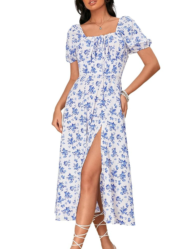 WDIRARA Women's Floral Print Tie Front Square Neck Short Sleeve Split Thigh Dress | Amazon (US)