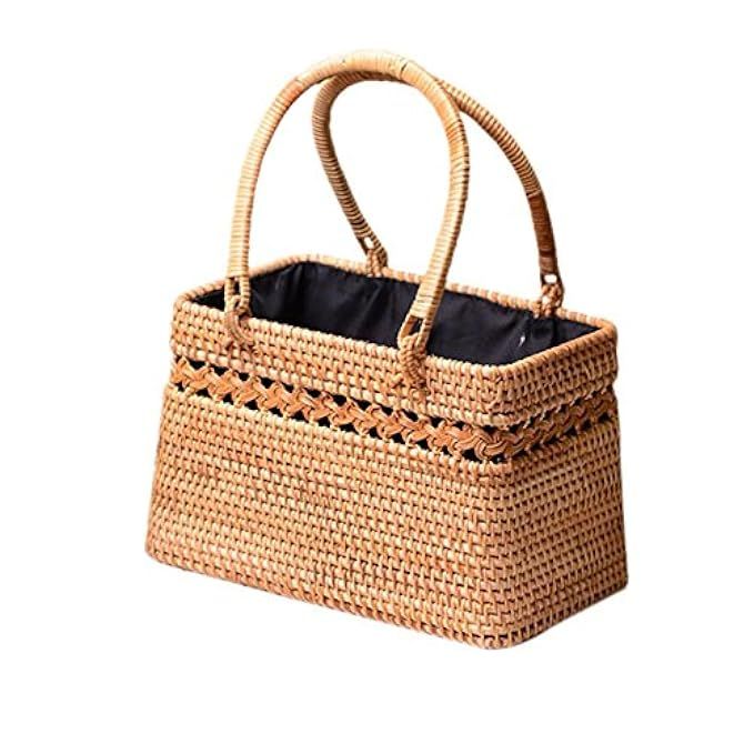 Women Handmade Straw Bag Square Handbag Vintage Rattan Bohemia Style Tote Bag for Summer Beach | Amazon (US)