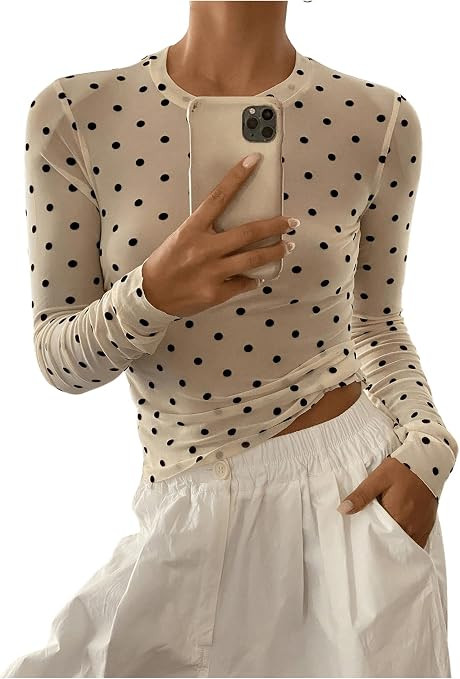 SHENHE Women's Sheer Mesh Polka Dots Light T Shirt Spring Summer Long Sleeve Round Neck Short Sli... | Amazon (US)