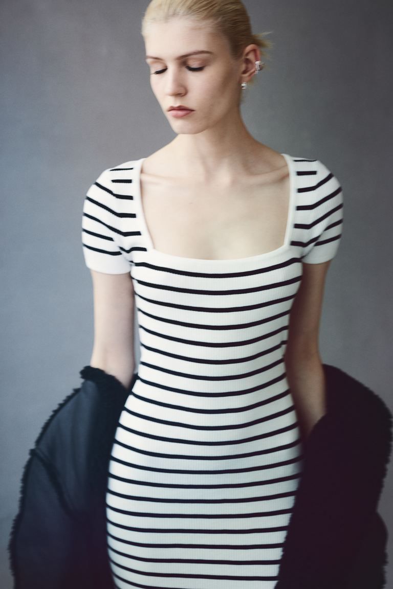Rib-knit Midi Dress - Cream/striped - Ladies | H&M US | H&M (US + CA)