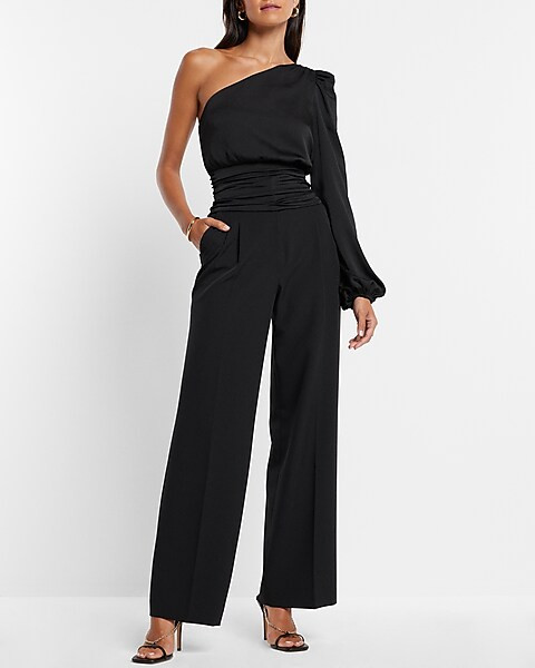 Satin One Shoulder Pleated Waist Top | Express