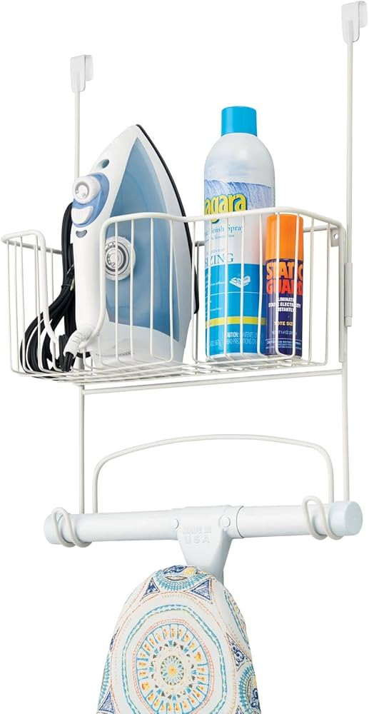 mDesign Steel Metal Over Door Ironing Board Holder with Large Storage Basket for Laundry, Utility... | Amazon (US)