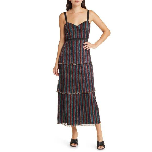 Saylor Aviva Dress Sleeveless Tiered Midi Cocktail Rainbow Metallic Stripe Small | Poshmark