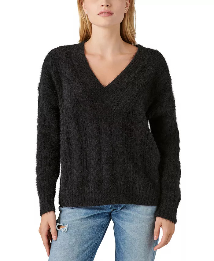 Lucky Brand Women's Cable-Knit V-Neck Eyelash Sweater & Reviews - Sweaters - Women - Macy's | Macys (US)