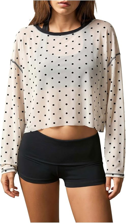 Floerns Women's Polka Dots Open Back Workout Top Summer Long Sleeve Oversized Gym Athletic Shirts | Amazon (US)
