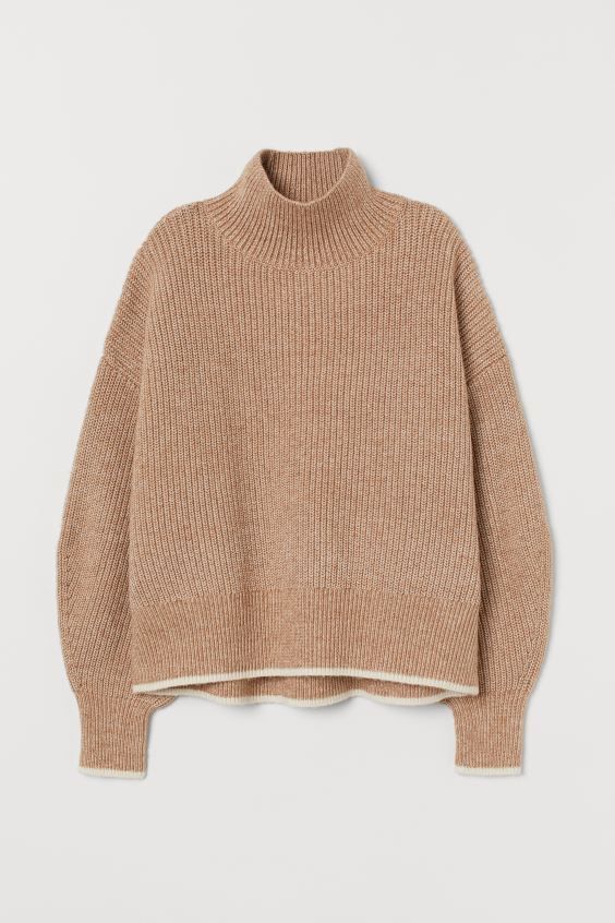 Turtleneck jumper in a soft rib knit containing some wool with low dropped shoulders, long, ballo... | H&M (UK, MY, IN, SG, PH, TW, HK)
