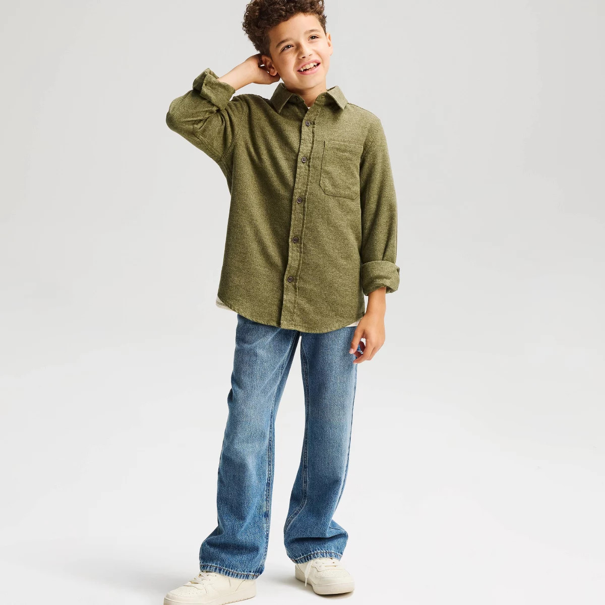 Boys' Long Sleeve 100% Cotton Flannel Button-Down Shirt - Cat & Jack\u2122 Dark Olive Green S | Target