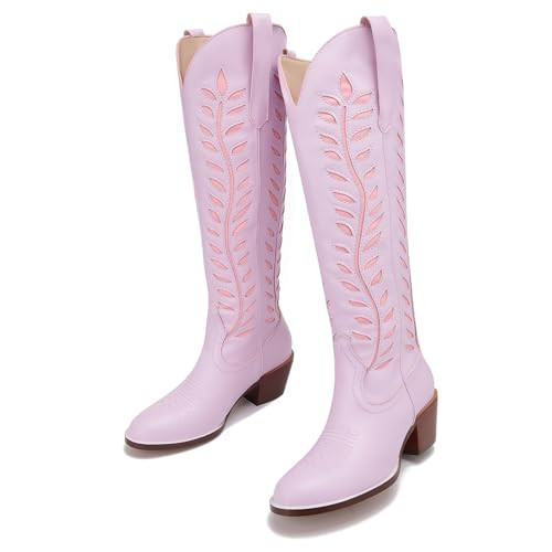 Yishaweiqi Embroidered Cowboy Boots for Women Pull On Knee High Western Boots with Contrast Foliage Inlay Almond Round Toe Chunky Heel Cowgirl Boots | Amazon (US)