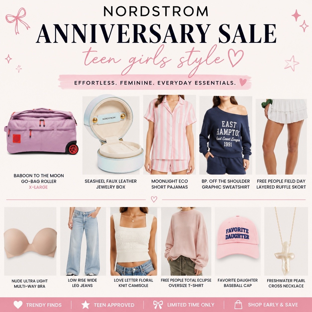 A few things for our teen girls like relaxed jeans, Free People active skirt and the pearl cross necklace my junior loves.

Nordstrom Anniversary Sale early access begins July 14 for Icon cardmembers, July 15 for Ambassador cardmembers, July 16 for Influencer cardmembers, and opens to the public on July 18.