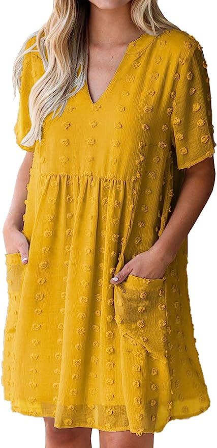 MIHOLL Women's V Neck Short Sleeve Ruffle Loose Summer Flowy Mini Dress | Amazon (US)