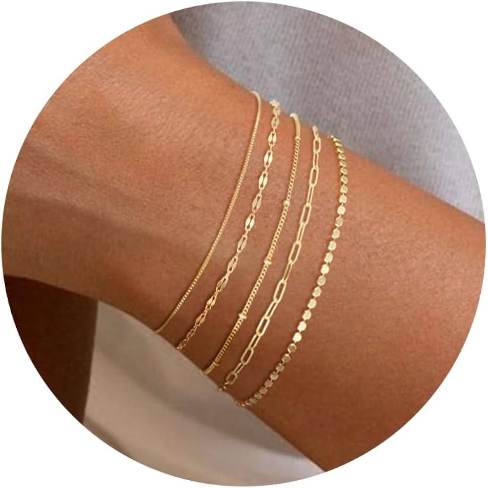 Gold Bracelets for Women, 14K Dainty Gold Plated Stackable Bracelets for Women Trendy Gold Bracel... | Amazon (US)
