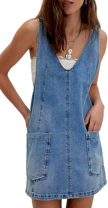 yoeasy Women's V Neck Sleeveless Denim Overall Dress Adjustable Strap Summer Mini Pinafore Jean D... | Amazon (US)