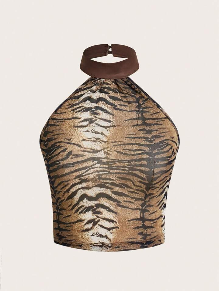 SHEIN ICON Vrouwen Samengebonden Tijgerprint Doorzichtig Halterhals Tank tops | SHEIN