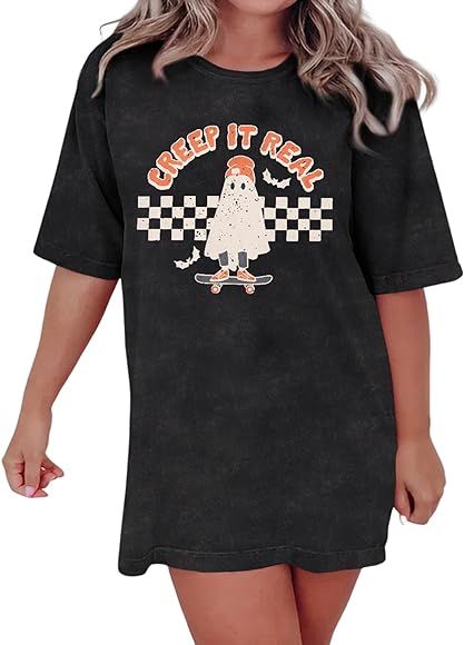 GLIGLITTR Creep It Real Shirt Women Halloween Checkered Ghost Skateboard T-Shirt Spooky Season Ov... | Amazon (US)