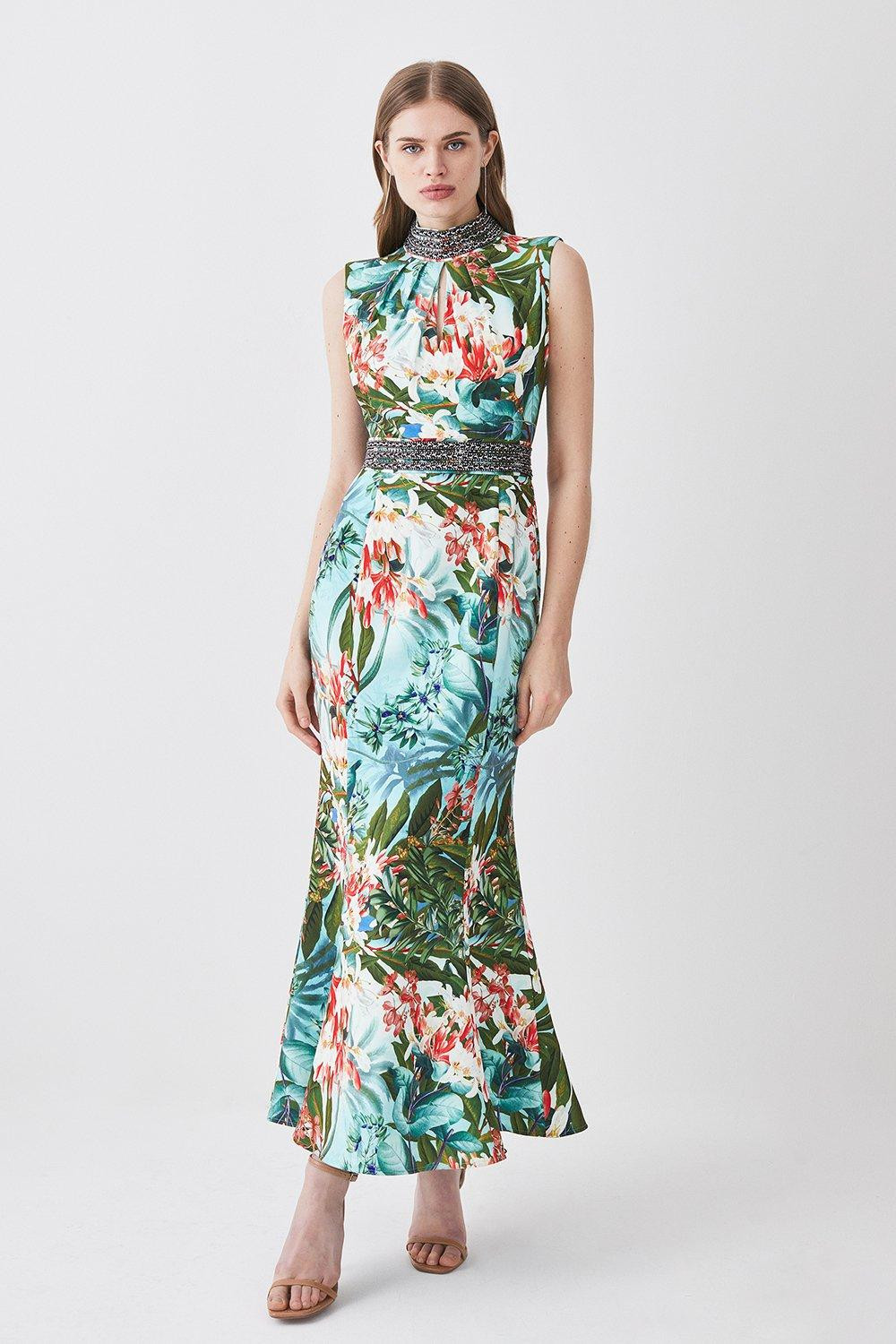 Diamante Trim Palm Floral Woven Midi Dress | Karen Millen US
