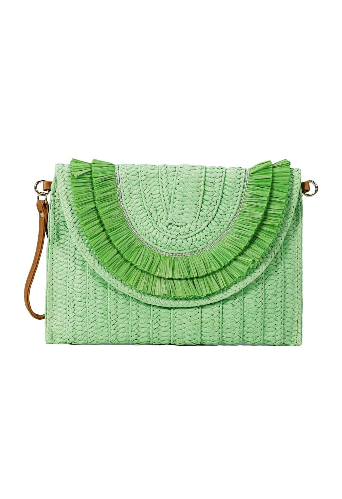 Raffia Solid Color Envelope Bag in Green | Chicwish
