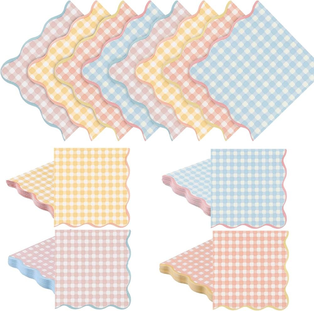 Crtiin 100 Pcs Easter Disposable Pastel Gingham Napkins 4 Colors Pastel Scalloped Edge Tissue Thi... | Amazon (US)