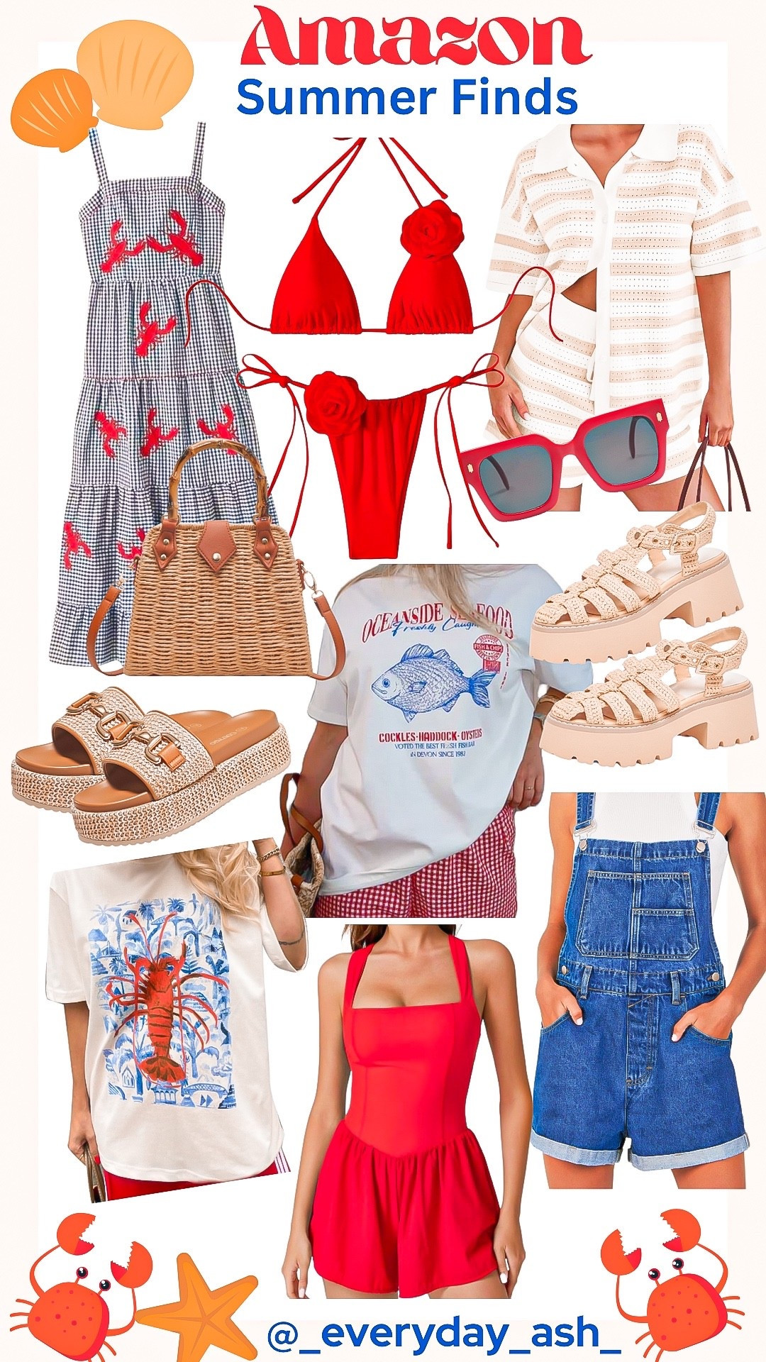 Amazon summer finds 🦀🦞🦐🐚

Lobster maxi dress, red bikini, two piece set, red sunglasses, rattan purse , summer sandals, graphic tee, red romper, denim overalls 

#LTKStyleTip #LTKFindsUnder50 #LTKSummerEdit