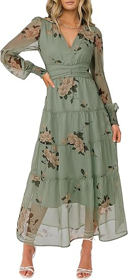 ANRABESS Womens Floral Long Sleeve Maxi Dress V Neck Chiffon Flowy Boho A-Line 2026 Spring Weddin... | Amazon (US)