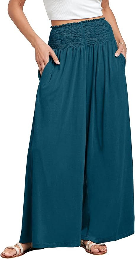 ANRABESS Women Palazzo Pants Summer Boho Bagyy Wide Leg High Smocked Waist Casual Loose Lounge Pa... | Amazon (US)