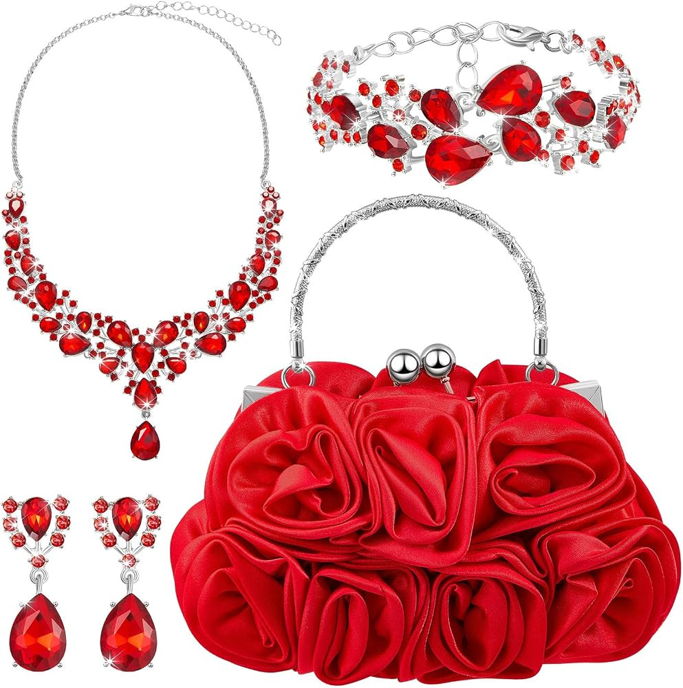 4 Pcs Flower Clutch Rhinestone Jewelry Set Rose Clutch Handbags with Detachable Strap Detachable ... | Amazon (US)