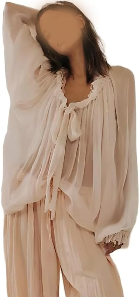 Womens Sheer Lace Ruffled Flowy Tops Chiffon Frilly Layered Lantern Sleeves Top Mesh Sexy See Thr... | Amazon (US)