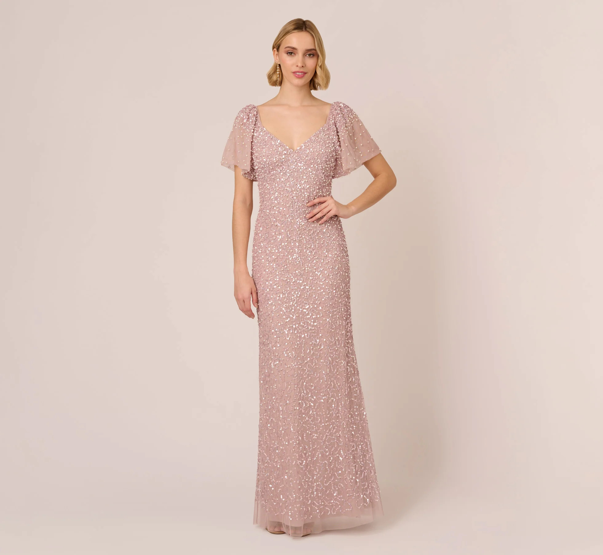 Pearl Beaded Mermaid Gown With Flutter Sleeves In Cameo | Adrianna Papell