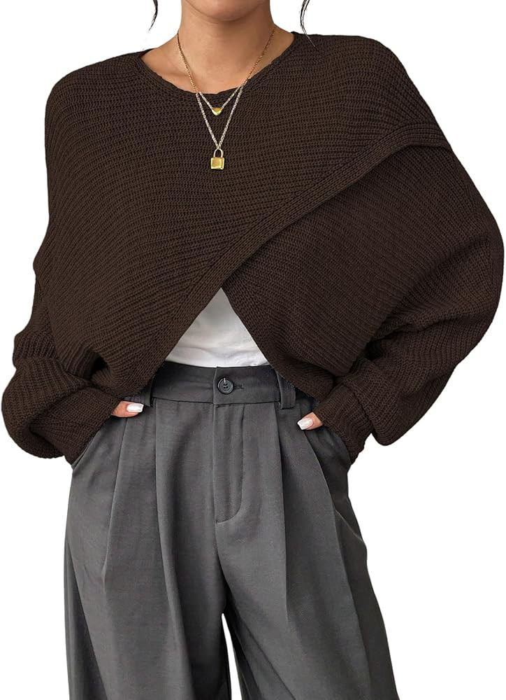 Verdusa Women's Lightweight Asymmetrical Wrap Fall Sweater Tops Old Money Puff Sleeve Cropped Swe... | Amazon (US)