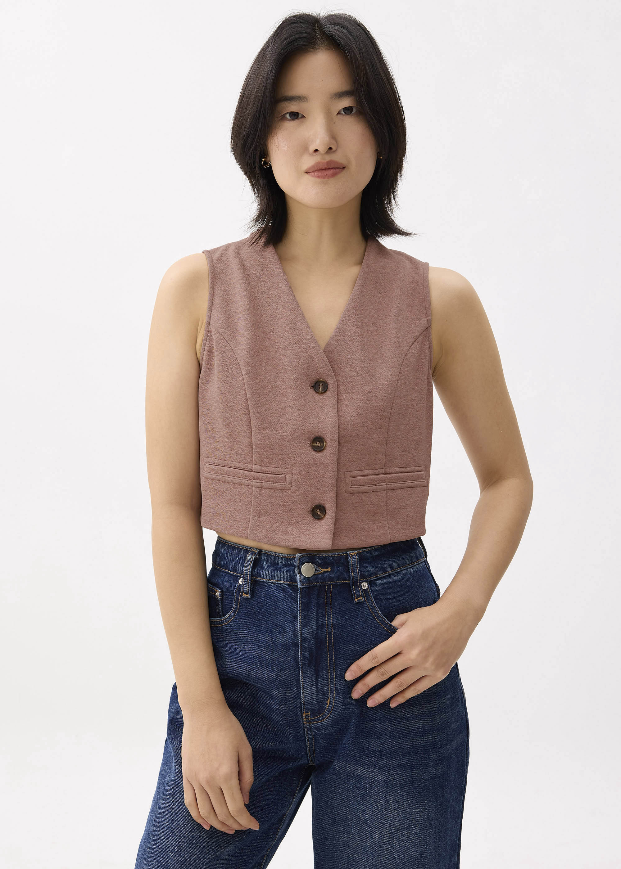 Cropped V-neck Button Down Vest-076-L | LOVEBONITO SINGAPORE PTE LTD