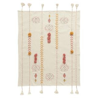 3R Studios Cream Cotton Throw with Decorative Applique, Pom Poms and Tassels DF1631 | The Home Depot