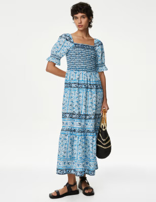 Pure Cotton Printed Square Neck Midi Dress | Marks & Spencer (UK)
