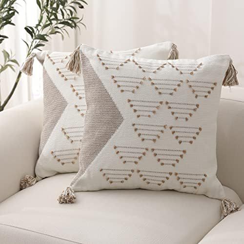 Boho Throw Pillow Covers Brown and Cream White Pillow Covers 18X18 for Couch Sofa Living Room, Set o | Amazon (US)