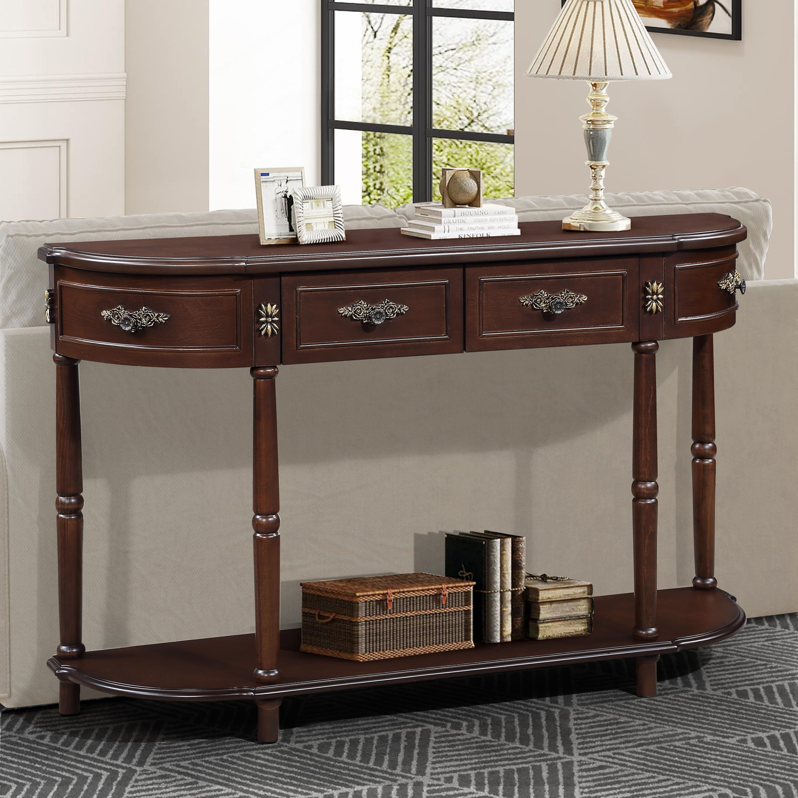 Retro Curved Console Table, Solid Wood Sofa Table with 4 Drawers and Bottom Shelf for Living Room... | Amazon (US)
