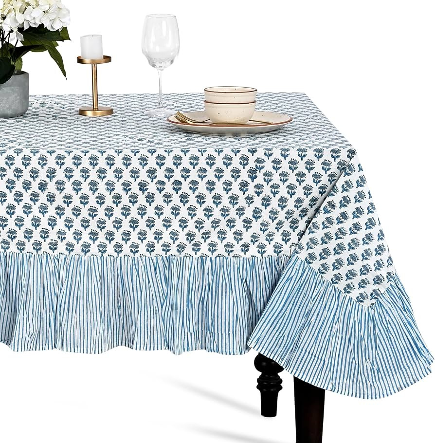 CPC Apatite Blue Block Print Ruffle Tablecloth 100% Cotton 108" x 70" Rectangular Floral Table Co... | Amazon (US)