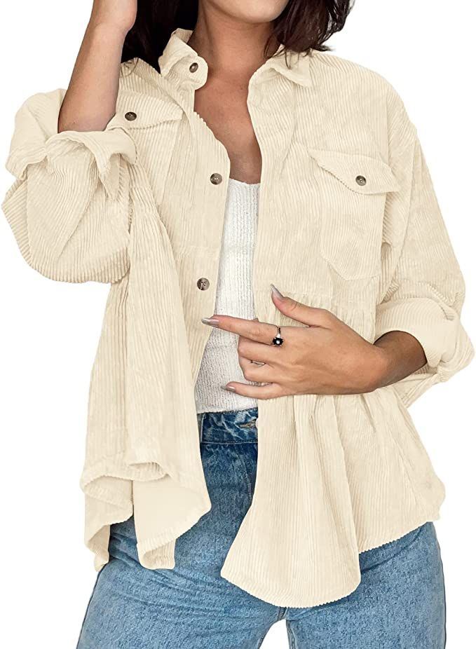 REVETRO Womens Corduroy Jacket Shacket Button Down Shirt Oversized Long Sleeve Babydoll Blouses T... | Amazon (US)