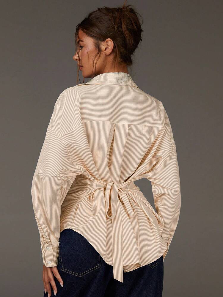 Athîral Women's Striped Drop Shoulder Long Sleeve Tie Waist Casual Commuter Shirt | SHEIN