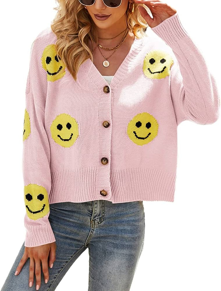 chouyatou Women's Loose-Fit Smile Face Jacquard Knitted Cardigan Sweater Jacket | Amazon (US)