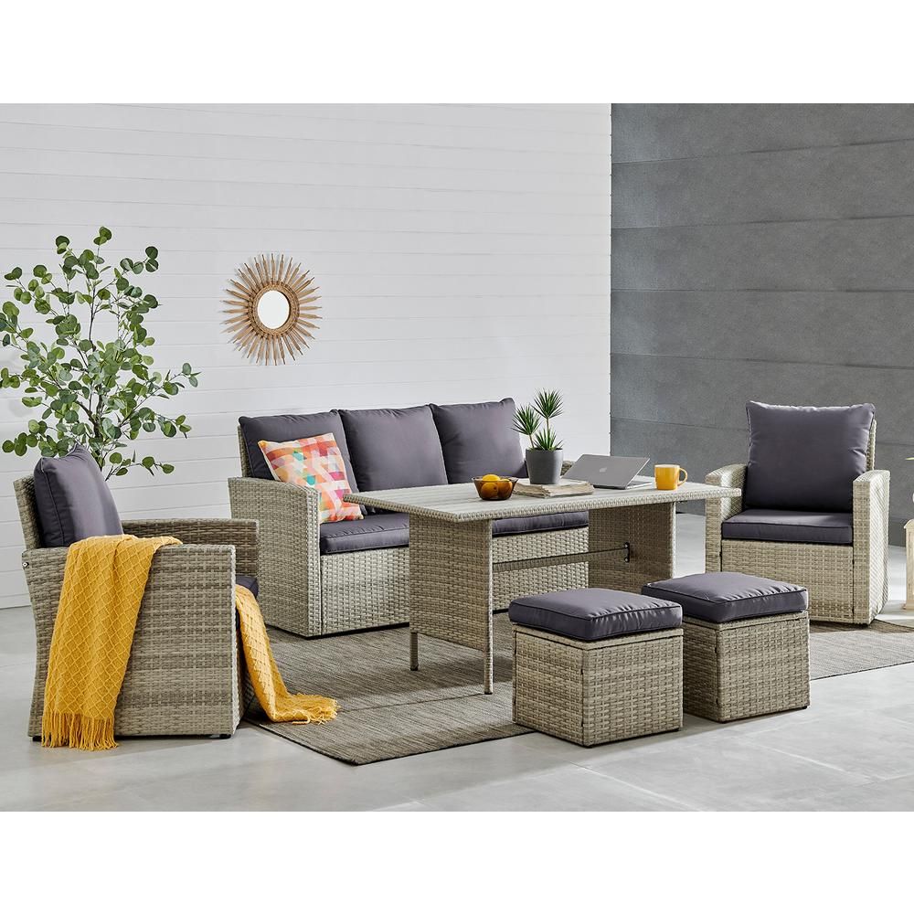 Barton 6-Piece Wicker Rattan Outdoor Patio Furniture Set with Pool Dining Table and Cushion Chairs | The Home Depot