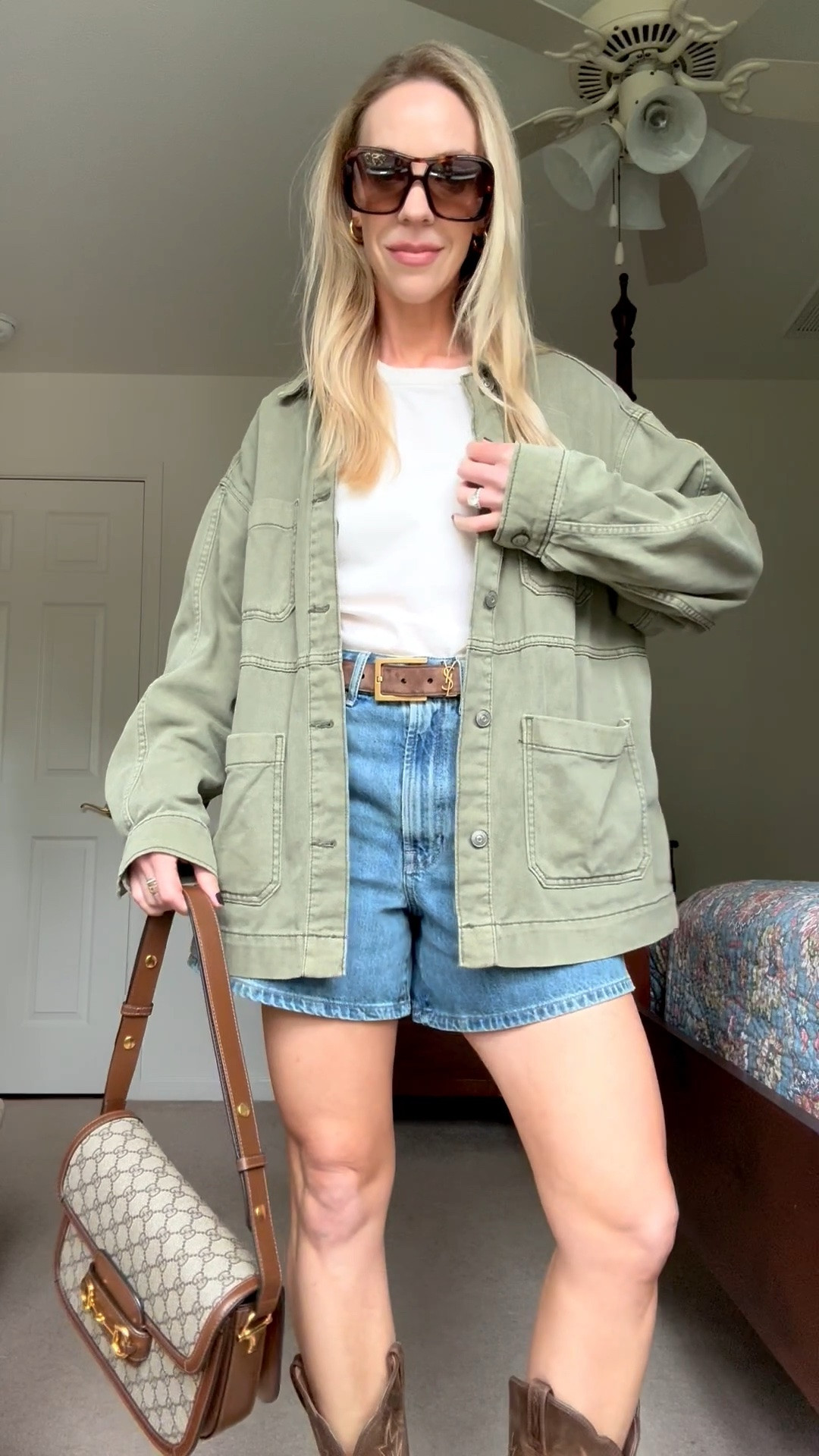 Summer to fall transitional outfit with utility jacket, denim shorts and cowboy boots

#LTKSeasonal #LTKSaleAlert #LTKOver40