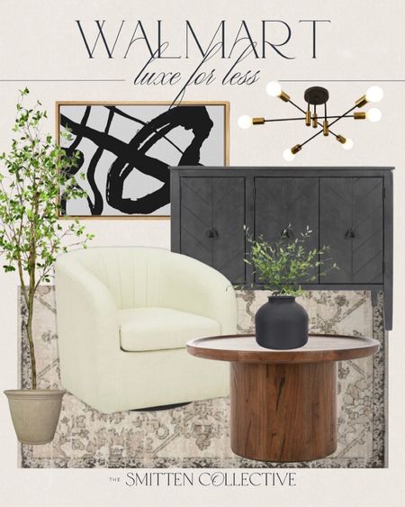 Walmart luxe for less includes black console, light fixture, wall art, faux tree, pot, area rug, coffee table, black vase, faux greenery stem, and accent chair.

Home decor, living room decor, Walmart finds, looks for less 

#LTKhome #LTKfindsunder50 #LTKstyletip