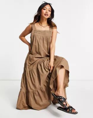 & Other Stories organic cotton tiered volume maxi dress in brown | ASOS (Global)