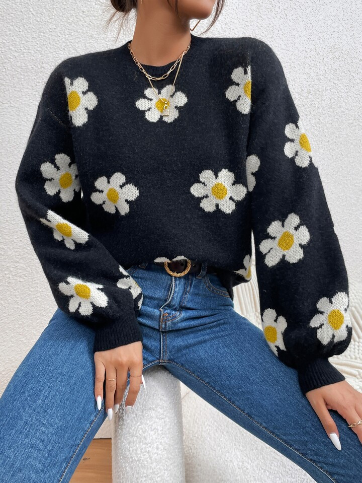 Floral Pattern Drop Shoulder Sweater | SHEIN