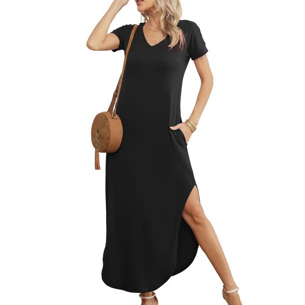QINCAO Maxi Dresses for Women 2023 Short Sleeve V Neck Casual Loose Long Split Dresses with Pocke... | Walmart (US)