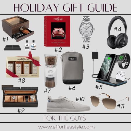 A few tried and true classic gift ideas, a few out-of-the-box ideas...   Your guy will certainly will love any one of these items this holiday season.

#1 - Glass Top Humidor
#2 - The Ferrari Book
#3 - Silver Bracelet Watch
#4 - Bose Noise Cancelling Headphones
#5 - 3-In-1 Wireless Charging Station
#6 - Yeti Packing Cubes
#7 - Coffee Bean Grinder
#8 - Haute Sauce Gift Set
#9 - Leather Watch Box
#10 - Rothy's Grey Sneakers
#11 - Maui Jim Aviators