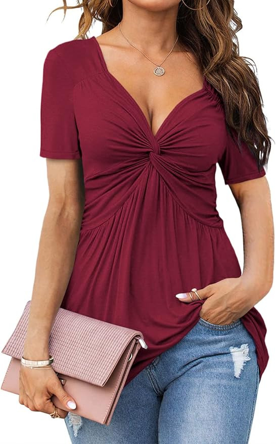 Tankaneo Womens Front Knotted V-Neck Blouse T Shirt Short Sleeve Oversized Tunic Tops Summer Soli... | Amazon (US)