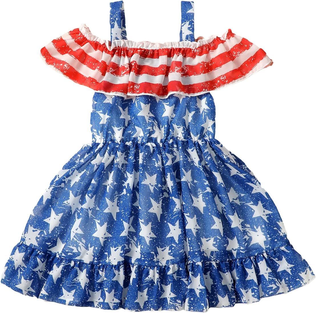 Sanpersonlin Toddler Girls Summer Dress Kids American Flag Dress 4th of July Stars Stripes Chiffo... | Amazon (US)