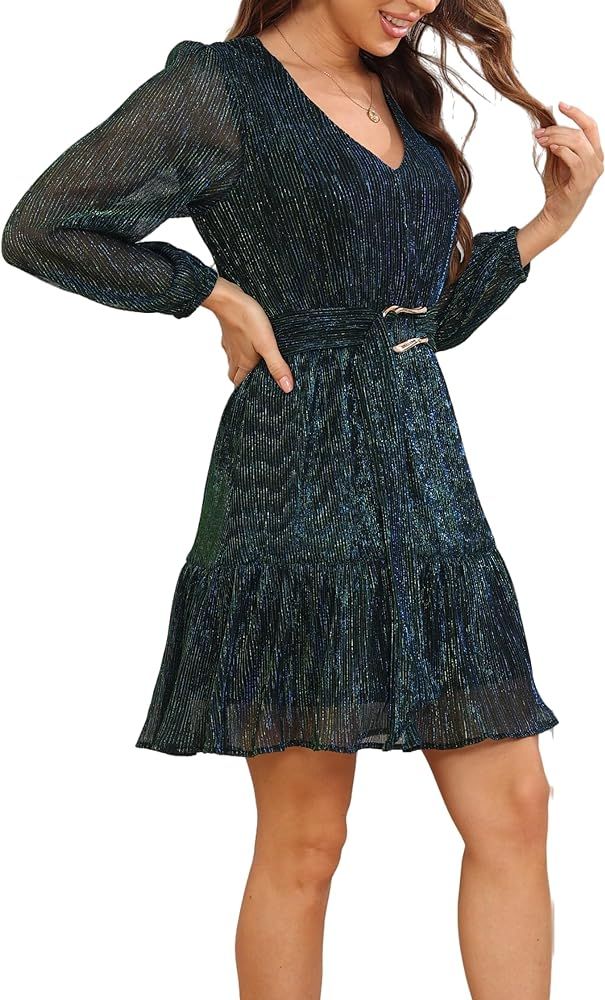 NERLEROLIAN Woman Shiny Threads Dress Long Sleeve Lined with Belt V Neck Mini Pleated Dress | Amazon (US)